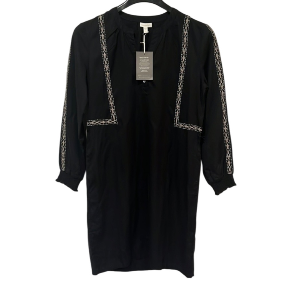 NWT Garnet Hill Lyocell Fabric Embroidered Boho Shirt Dress Size 4 Black